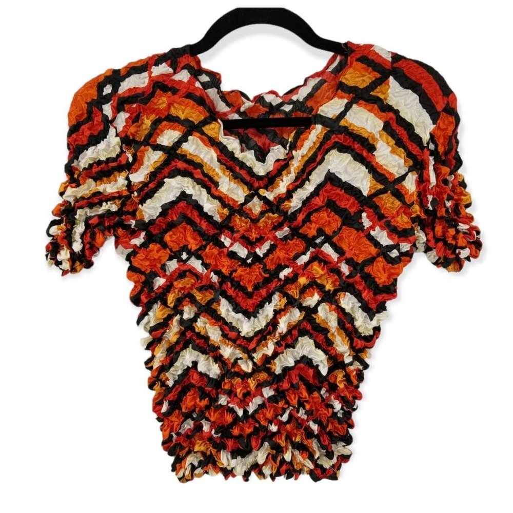 ❤️Vintage 90s Popcorn Scrunchy Crinkle Top Orange Black Crop Top